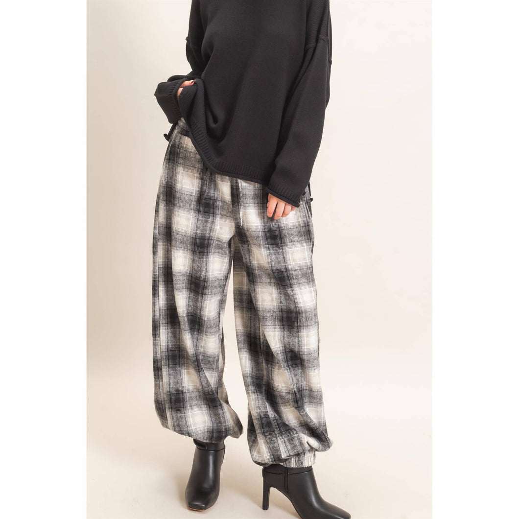 Black Plaid Drawstring Jogger Pants