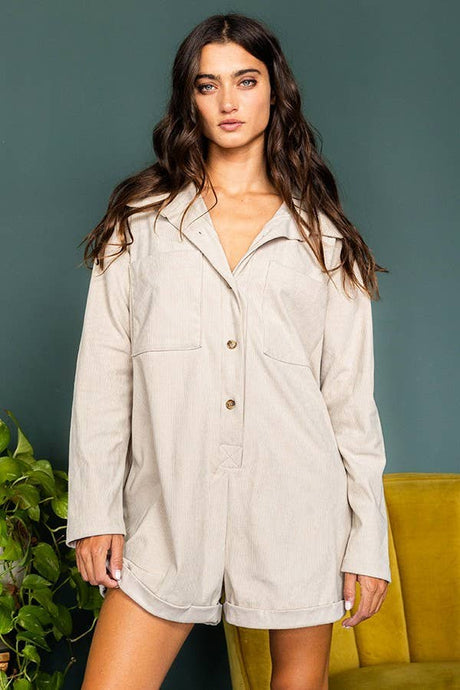 Taupe Airflow Collared Solid Corduroy Bucketlist Romper
