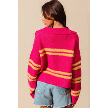 FUZZY HAIRY STRIPE DEEP U NECK SWEATER TOP: MUSTARD/DT BLUE / L