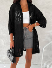 Black Hallow Knit Polo Neck Midi Cotton Cardigan Cover-Up