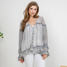 Grey Dreamy Sheer V-Neck Ruffled Button-Front Young Threads Top