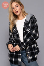 Black Ivory Plus Long Slv Plaid Button Down Hoodie Fleece Jacket