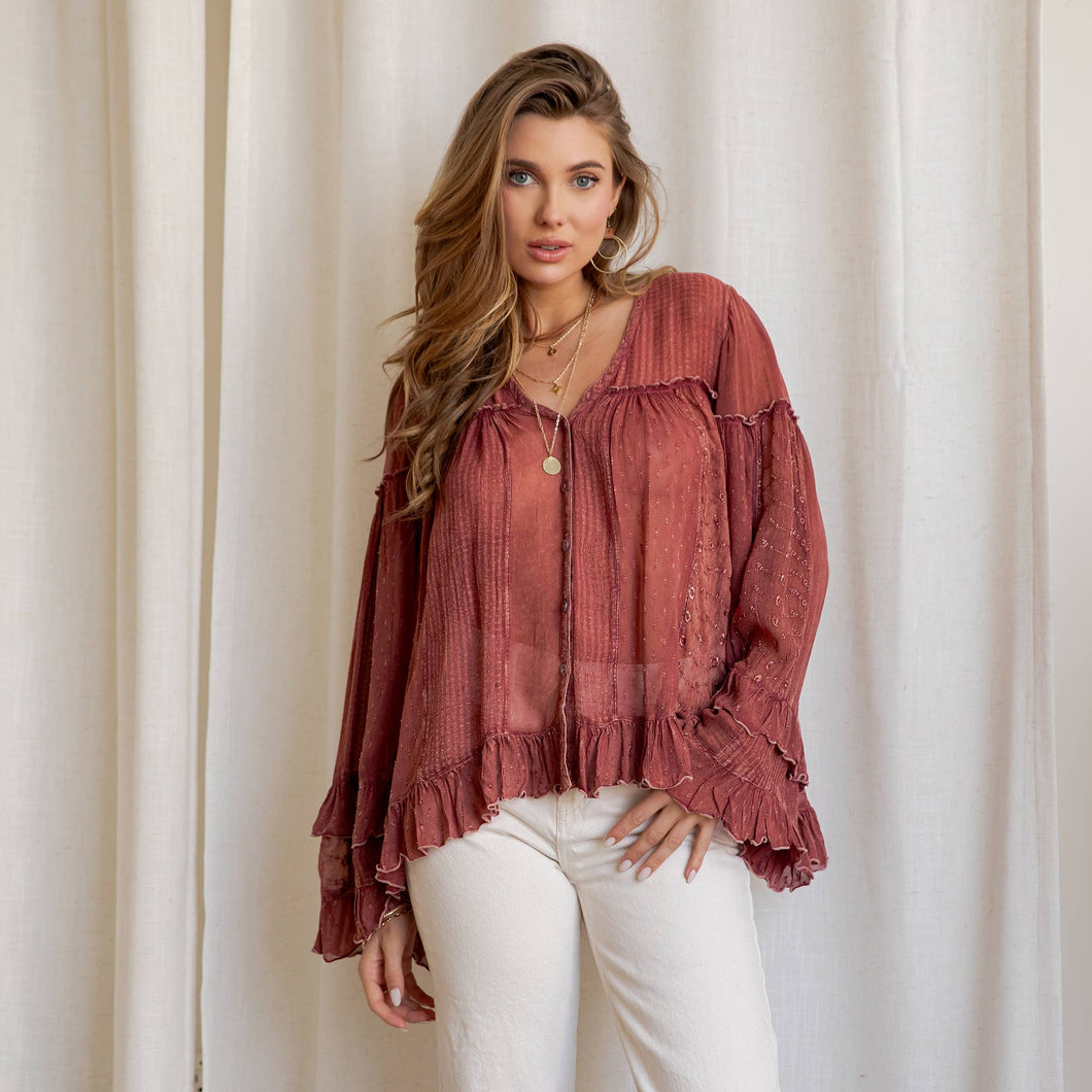 Garnet Dreamy Sheer V-Neck Ruffled Button-Front Young Threads Top