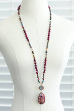 Rose Stone Beaded Long Necklace, Large Stone Pendant
