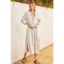 Oatmeal Black Pinstriped Belted Maxi Shirt Dress