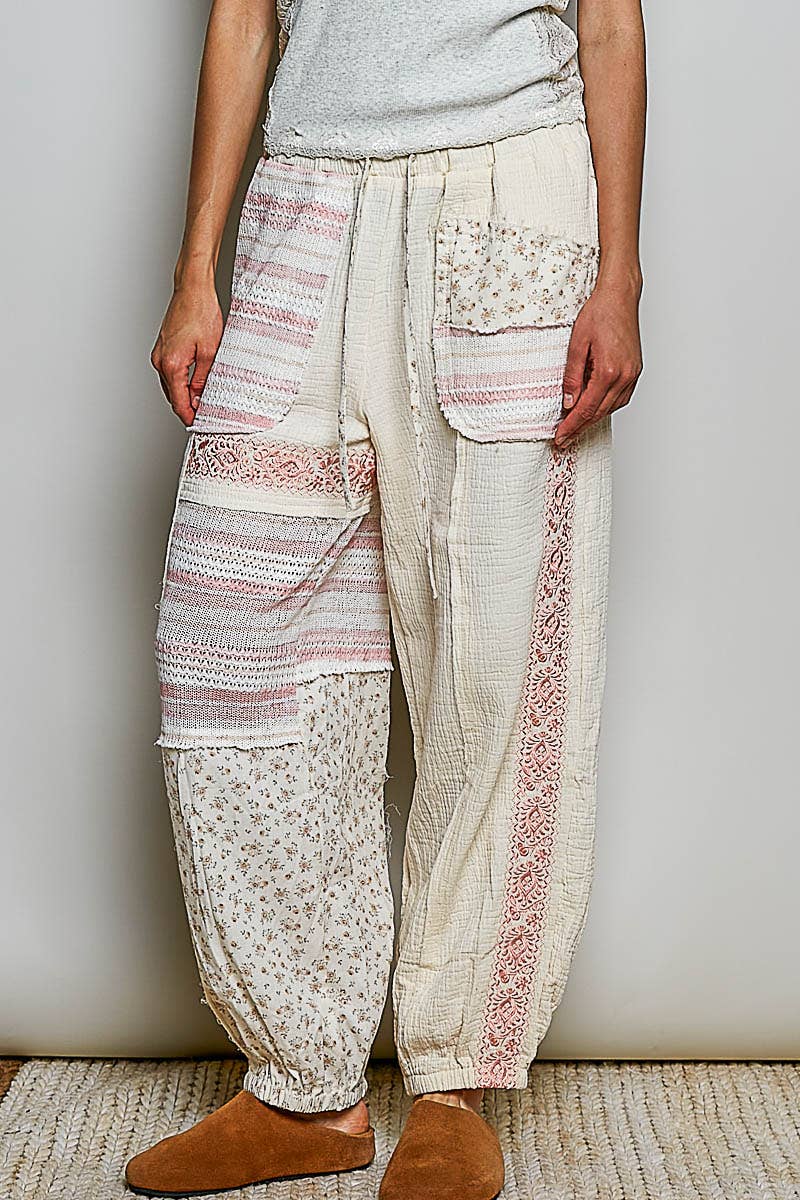 Natural Double Gauze Embroidery Adjustable Drawstring POL Jogger Pants
