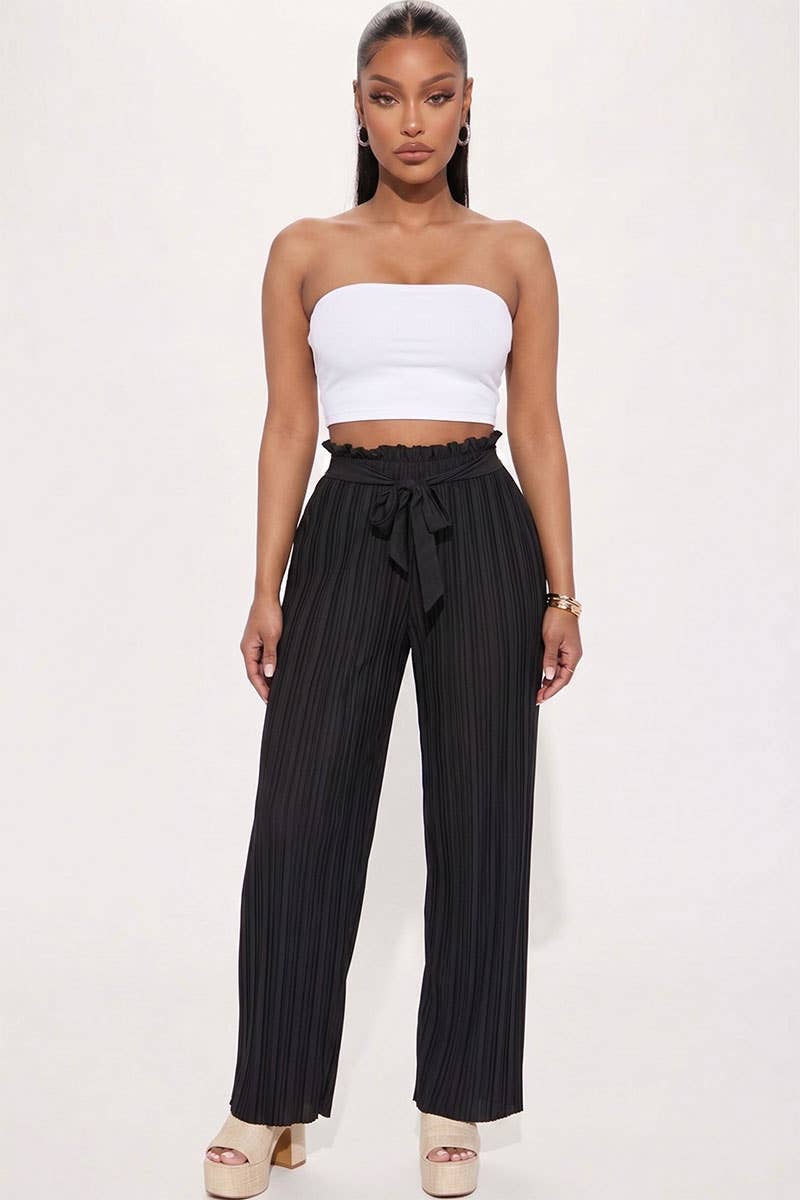 Pleated Stretch Crepe Pull-On Wide Leg Tie Front Pants: BLACK / M