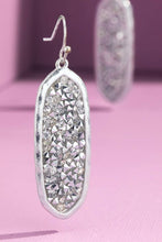 Silver Oval Glitter Stone Hook Earrings
