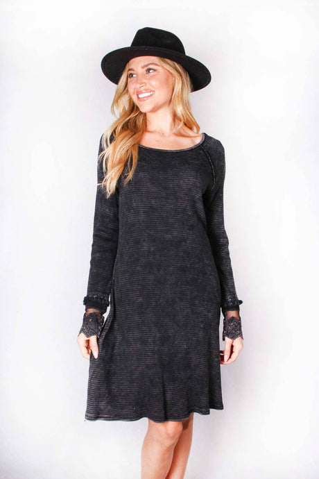 Black Long Sleeve Round Neck Lace Detail Waffle Dress