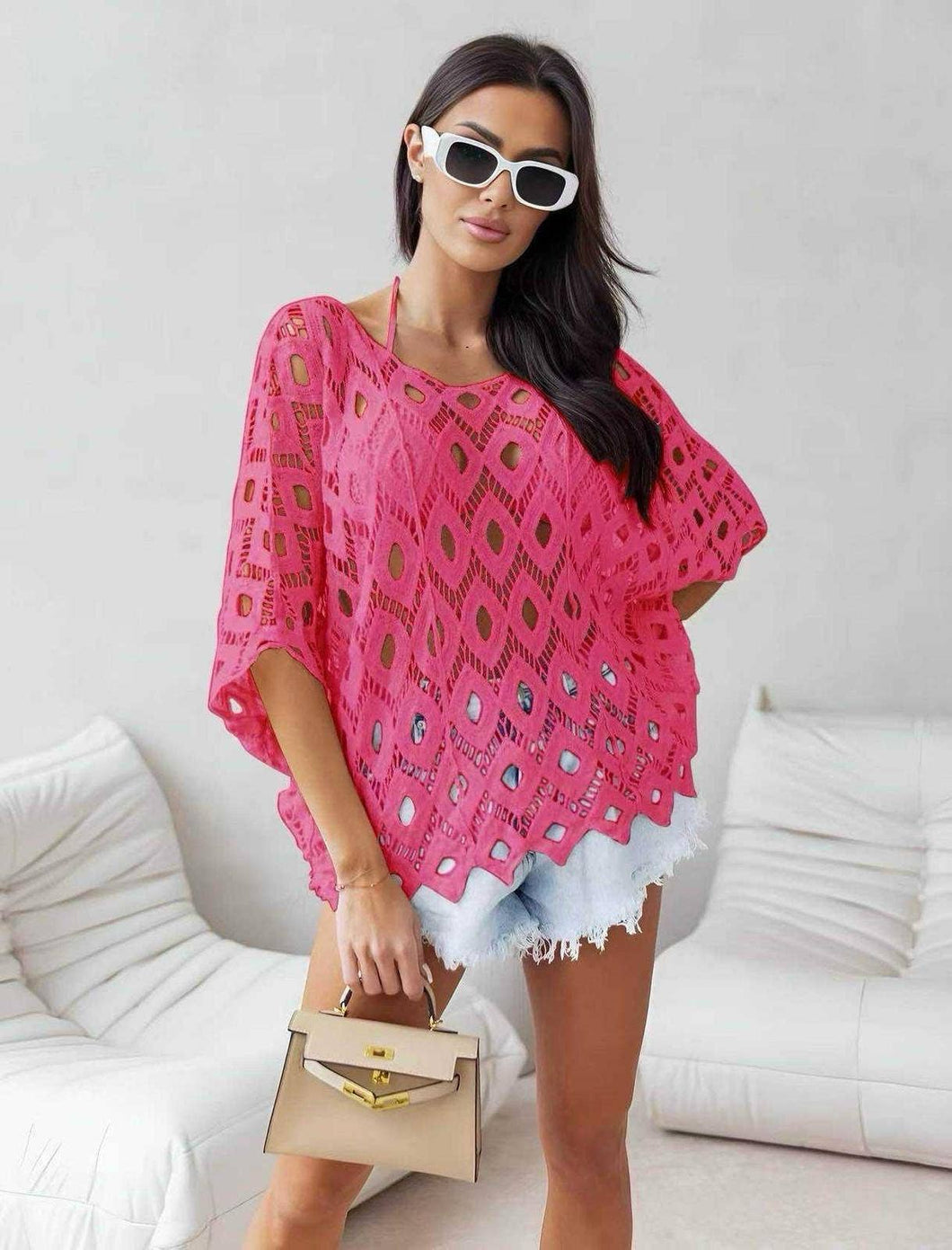 Italian Fuchsia Cotton Crochet Open Beach Top