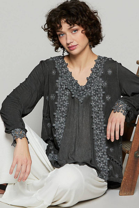 Black Long sleeve contrast floral lace crochet detail v-neck POL top
