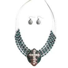 Patina Cross Western Multi-Strand Wired Necklace Earring Set: