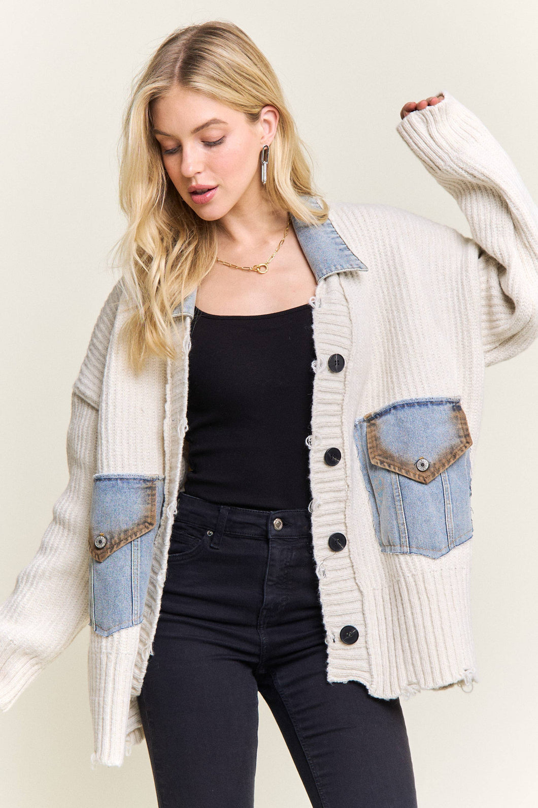 Ivory Distressed Ribbed Knit Cardigan