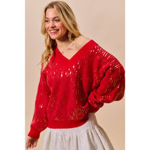 Red Christmas Sequins V Neck Sweater