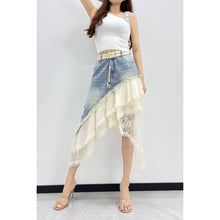 White Blue Asymmetrical Denim Lace Layered Skirt Set