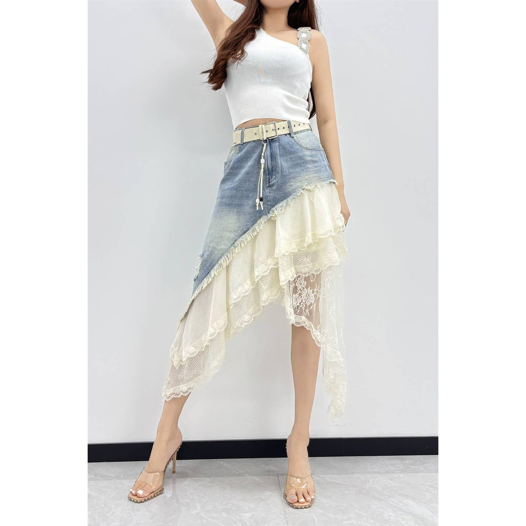White Blue Asymmetrical Denim Lace Layered Skirt Set