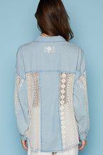 Denim Collared contrast ribbed panel lace crochet chest pocket POL top