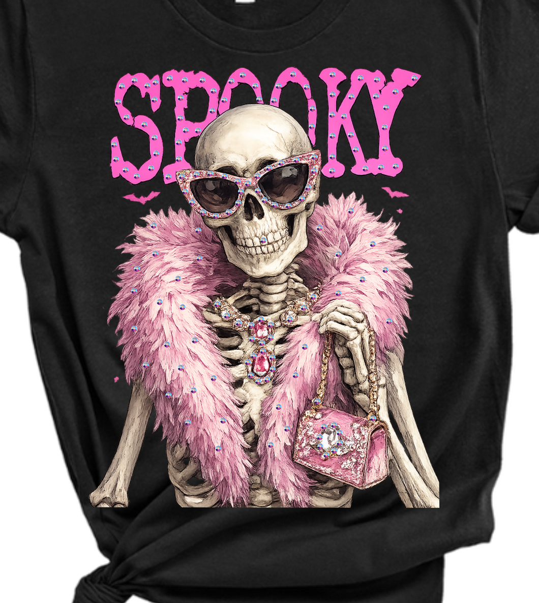 Black Spooky Skeleton Blingy Rhinestone Graphic Tee