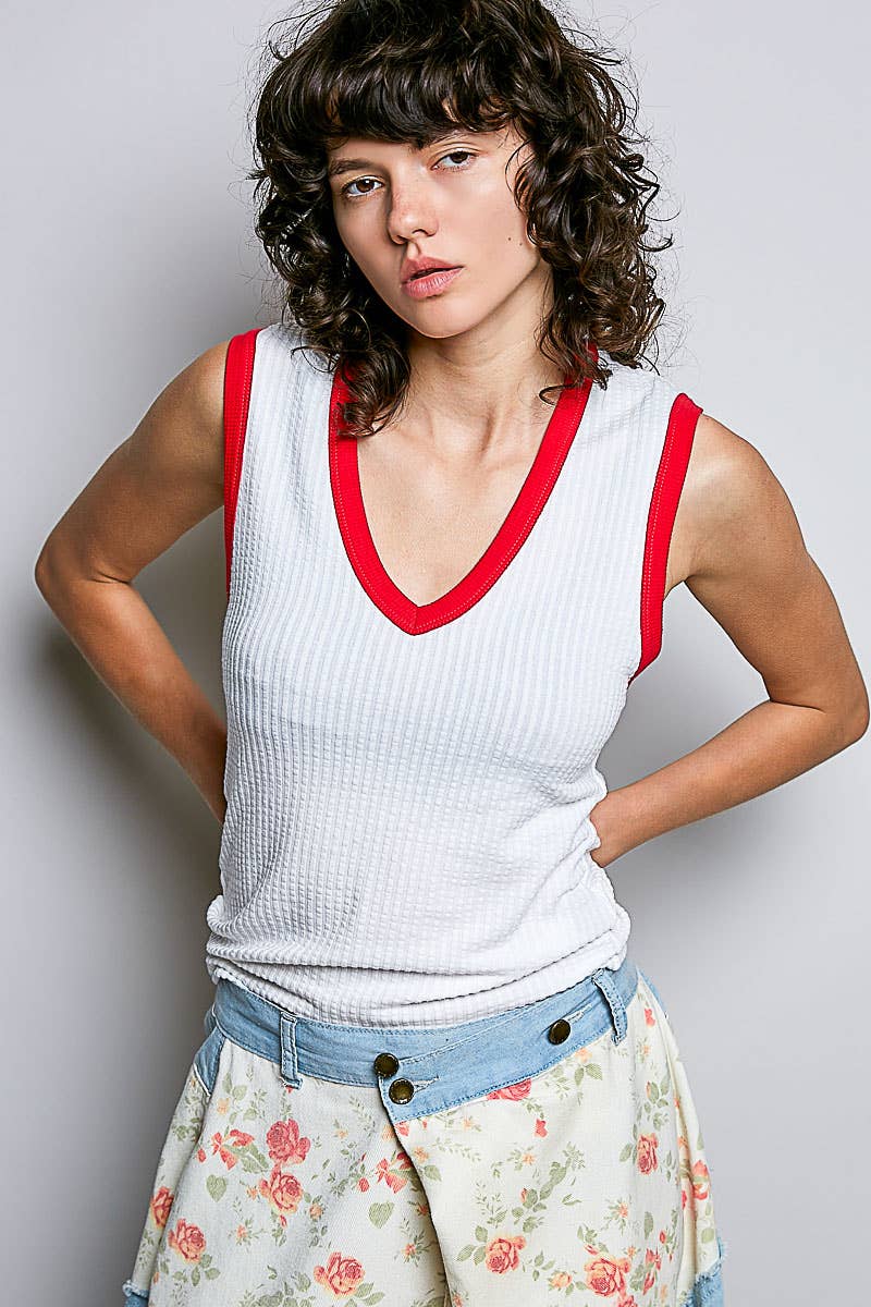 Off White V-neck Sleeveless Solid Contrast Rib Knit Fitted Fit POL Top