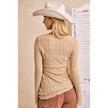 Tan Textured Lace Knit Diagonal Hemling Vell Sleeve Top