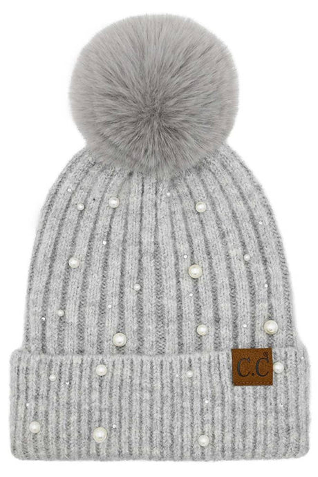 Light Grey C.C Pearl Embellishments Pom Beanie