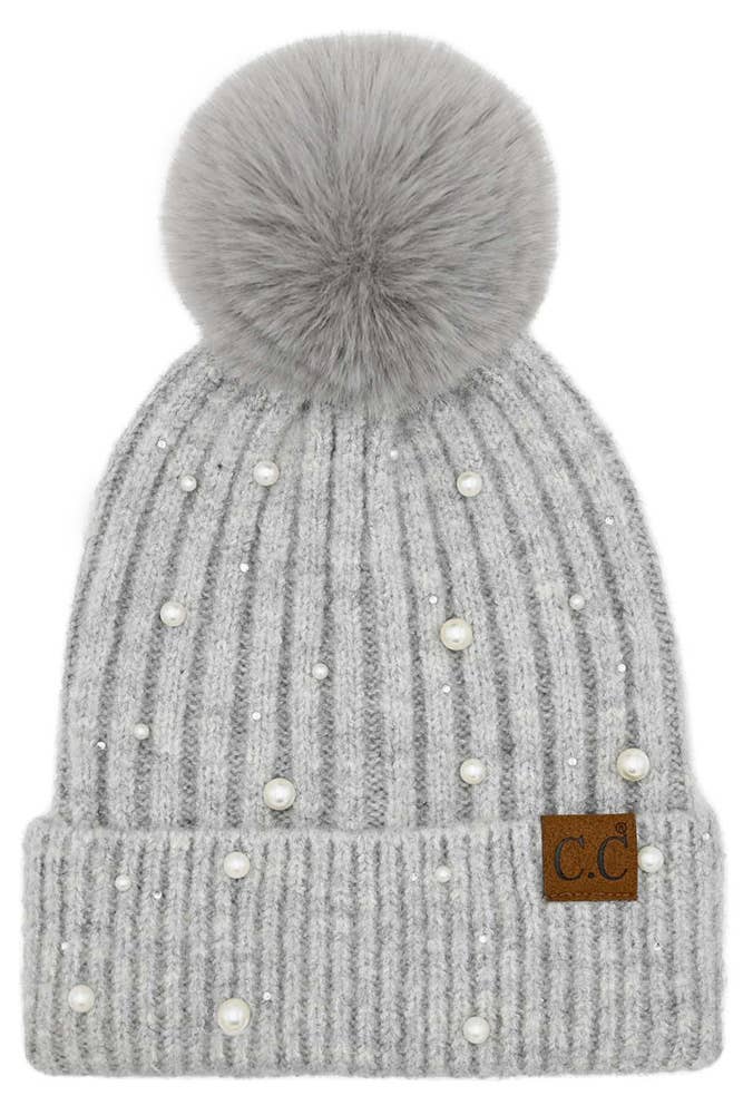 Light Grey C.C Pearl Embellishments Pom Beanie