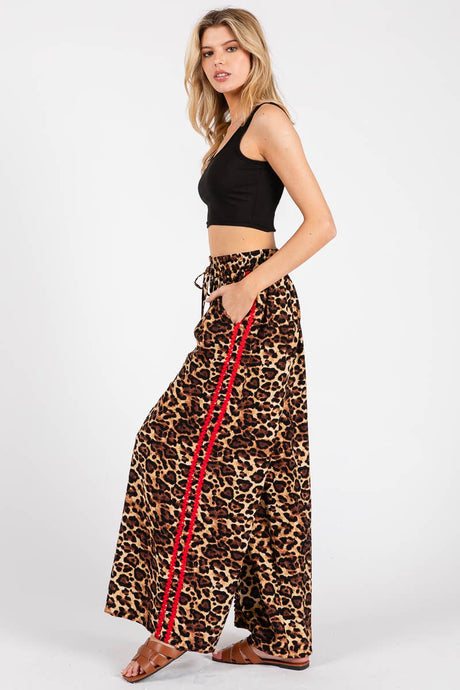 Brown Woven Leopard Wide Leg Side Trim Pants