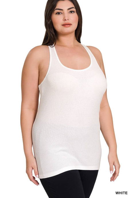 White Plus Size Racer Back Rib Tank