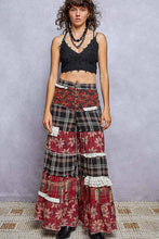 Black Floral Print Ruffle Trim Patchwork Plaid Wide Leg POL Pants