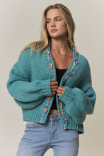 Green Chunky Multicolor Trim Knit Cardigan