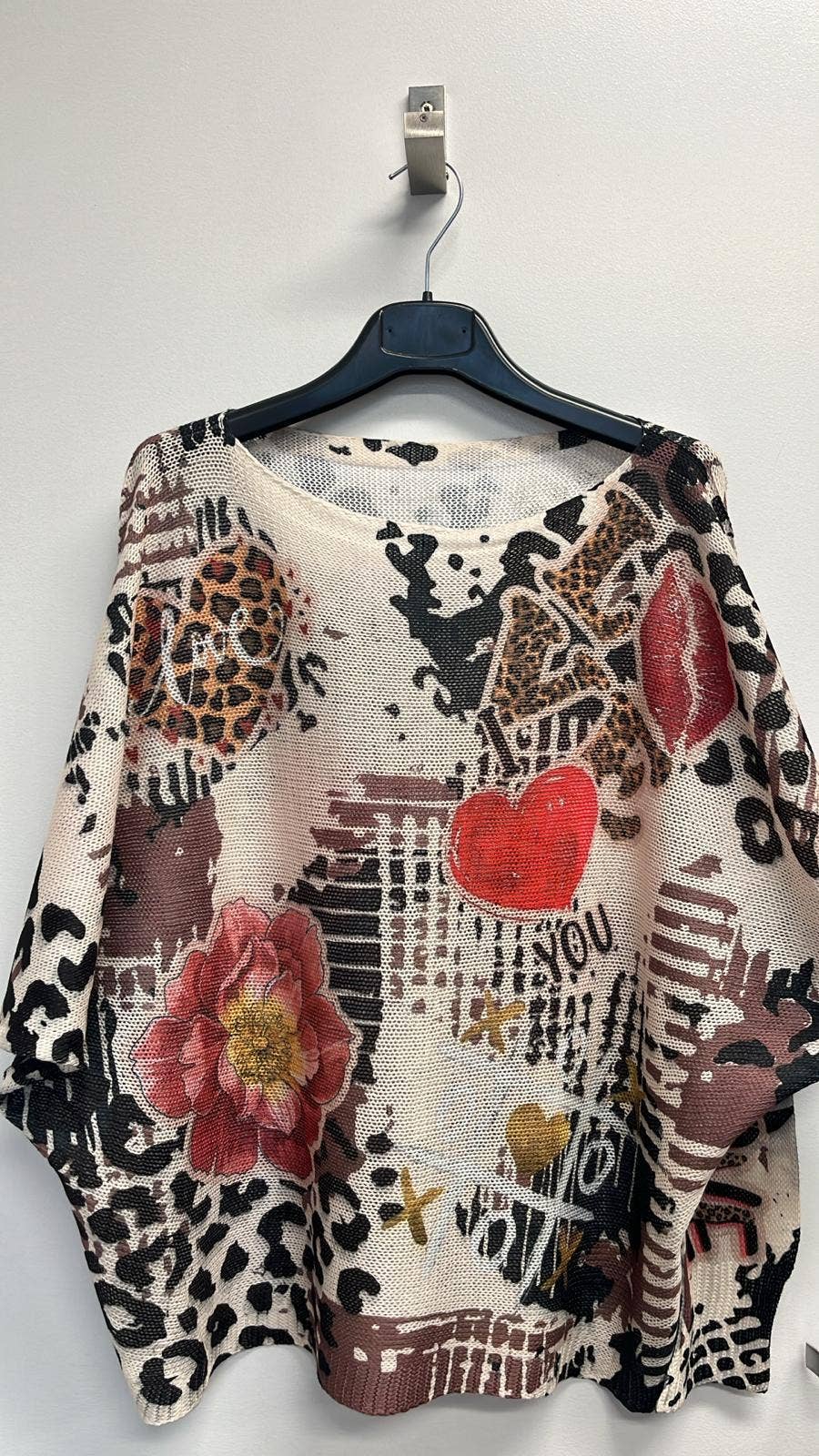 VI139 Multi Print Round Knit Printed Sweater LOOWIE