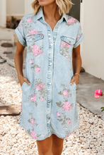 Sky Blue Floral Denim Cuffed Short Sleeve Button Down Shift Dress