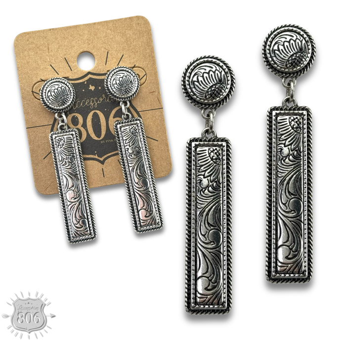 Silver Western tooled look bar earrings
