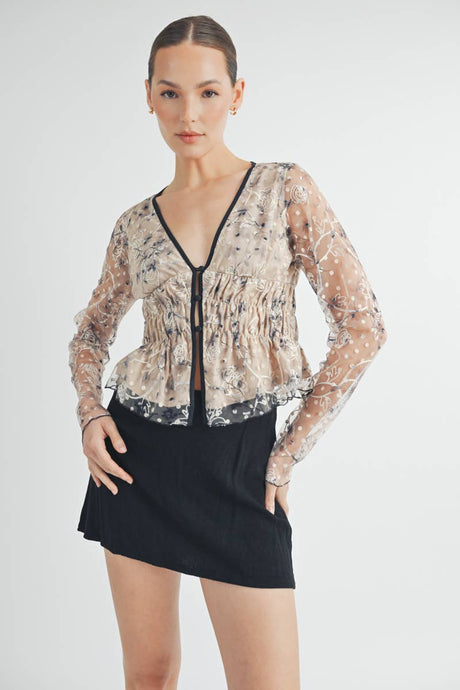Cream Sheer Embroidered Mesh Peplum Top with Polka Dot Detail