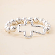Silver Hammered Open Cross Ball Bead Stretch Bracelet