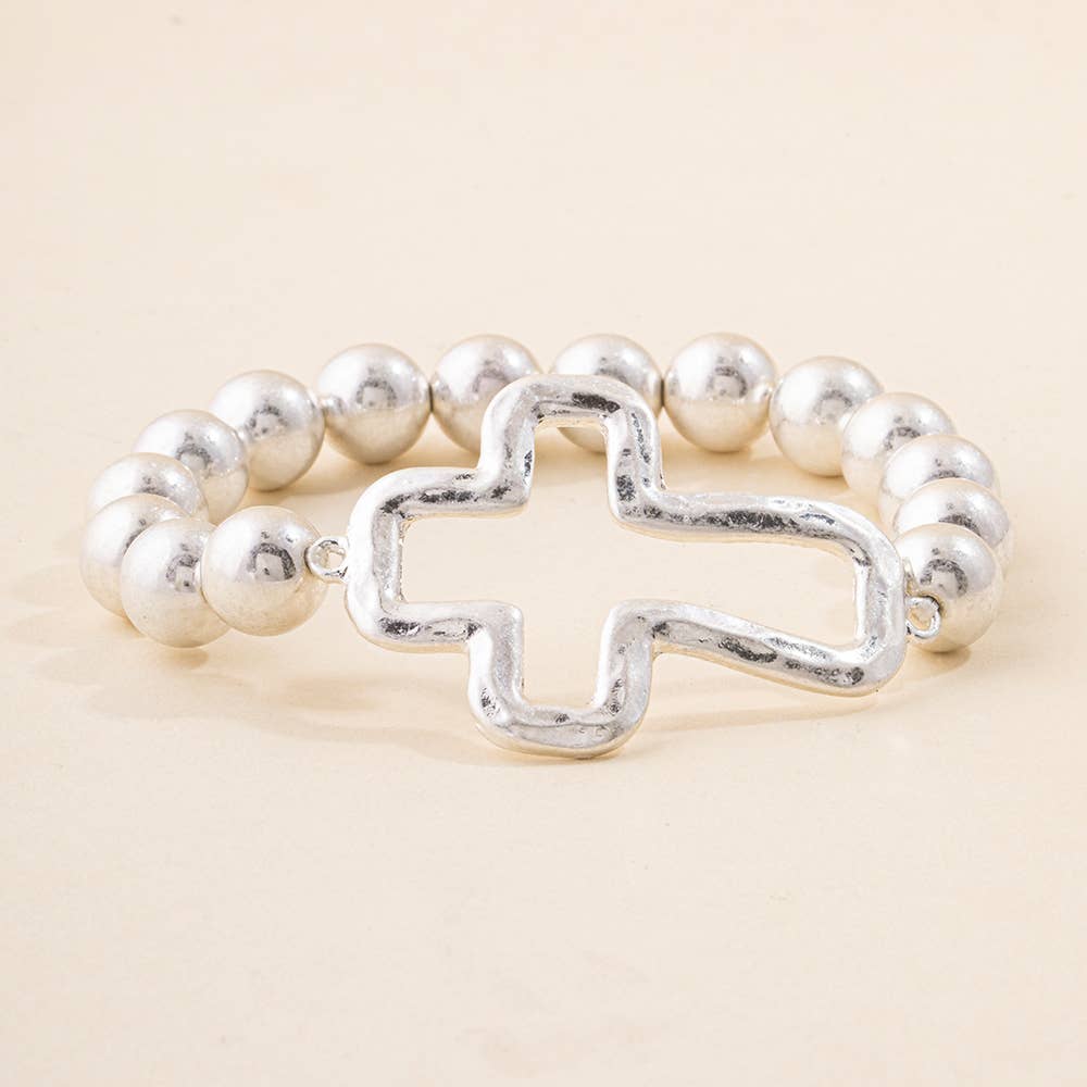 Silver Hammered Open Cross Ball Bead Stretch Bracelet