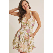 Natural Multi Gently Flared Hem Button Down Floral Halter Neck Mini Dress