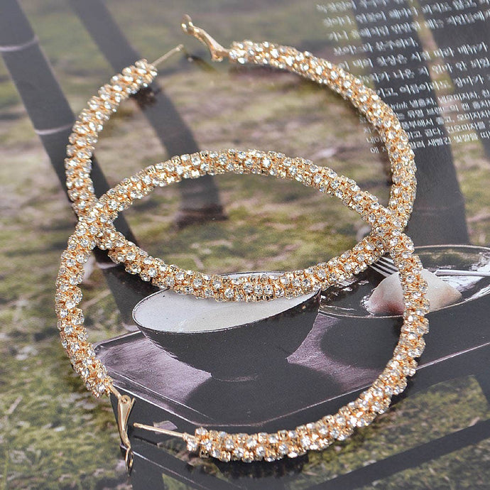 Gold Twisted Rhinestone 80mm Hoop Earrings
