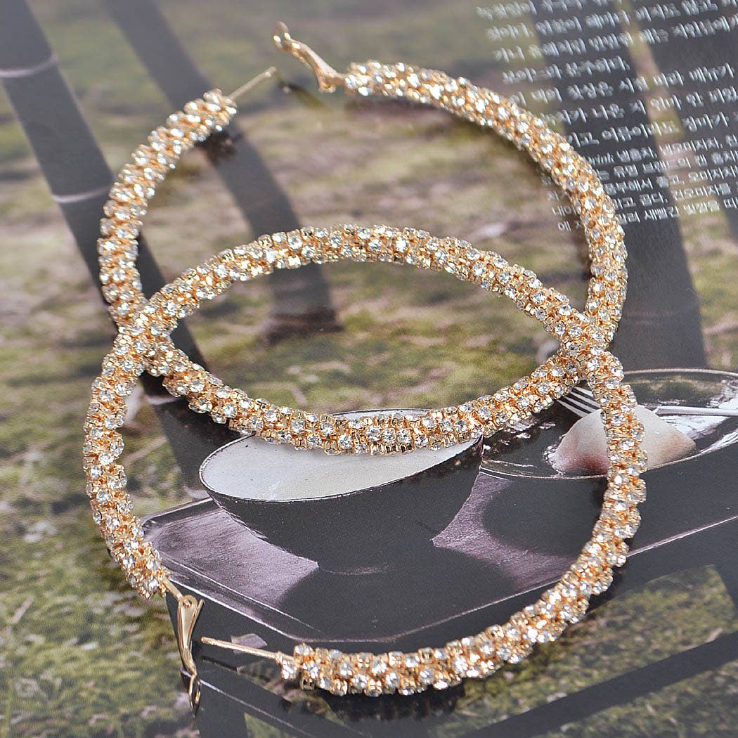 Gold Twisted Rhinestone 80mm Hoop Earrings