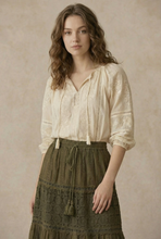 Olive Elastic Waist Maxi Mello Skirt with Lace Trim