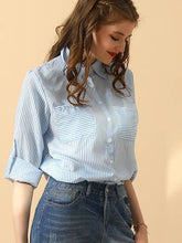 Blue White Striped Button Down Long Sleeve Collared Shirts