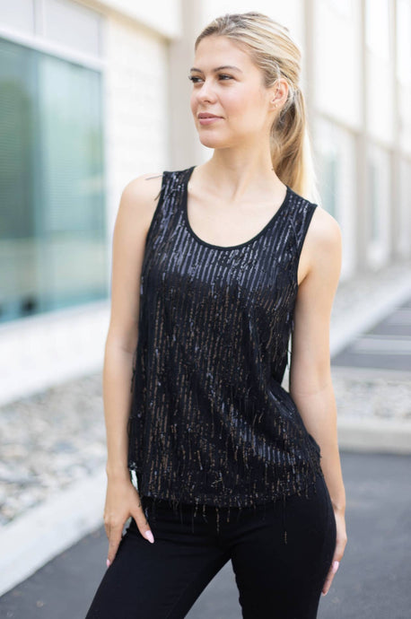 Black W.A.Y Sequin Fringe Tank Top