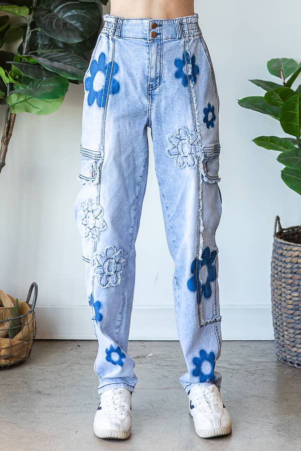 【DEARMINE】Eyelet Cargo Denim Pants Girls 7-16 Limited Too Wide Leg Cargo Jean