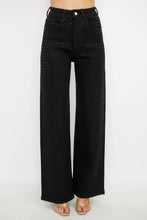 Black Rhinestone High Waisted Stretch Wide Leg Denim Pants