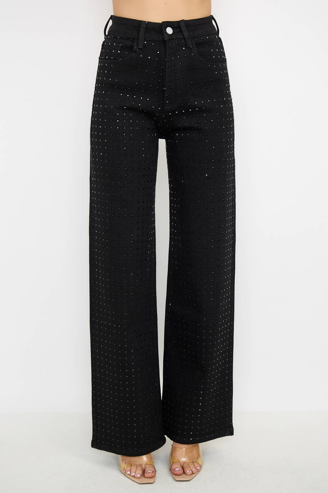 Black Rhinestone High Waisted Stretch Wide Leg Denim Pants