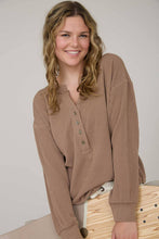Mocha Washed Ribbed Long Sleeve Henley Knit Top