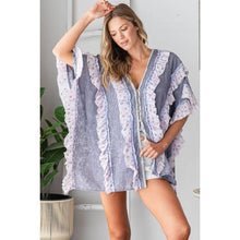 Blue Purple Washed V Neck Ruffle Mix Media Button Oli+Hali Top