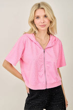 IJ3526 Rhinestone-Adorned Short Sleeve Zip-Up Hoodie Jacket: Black / L