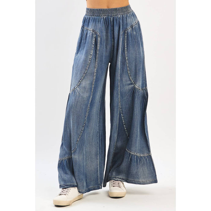 Denim Washed Chambray Tiered Wide Leg Pants