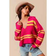FUZZY HAIRY STRIPE DEEP U NECK SWEATER TOP: IVORY/BLACK / L